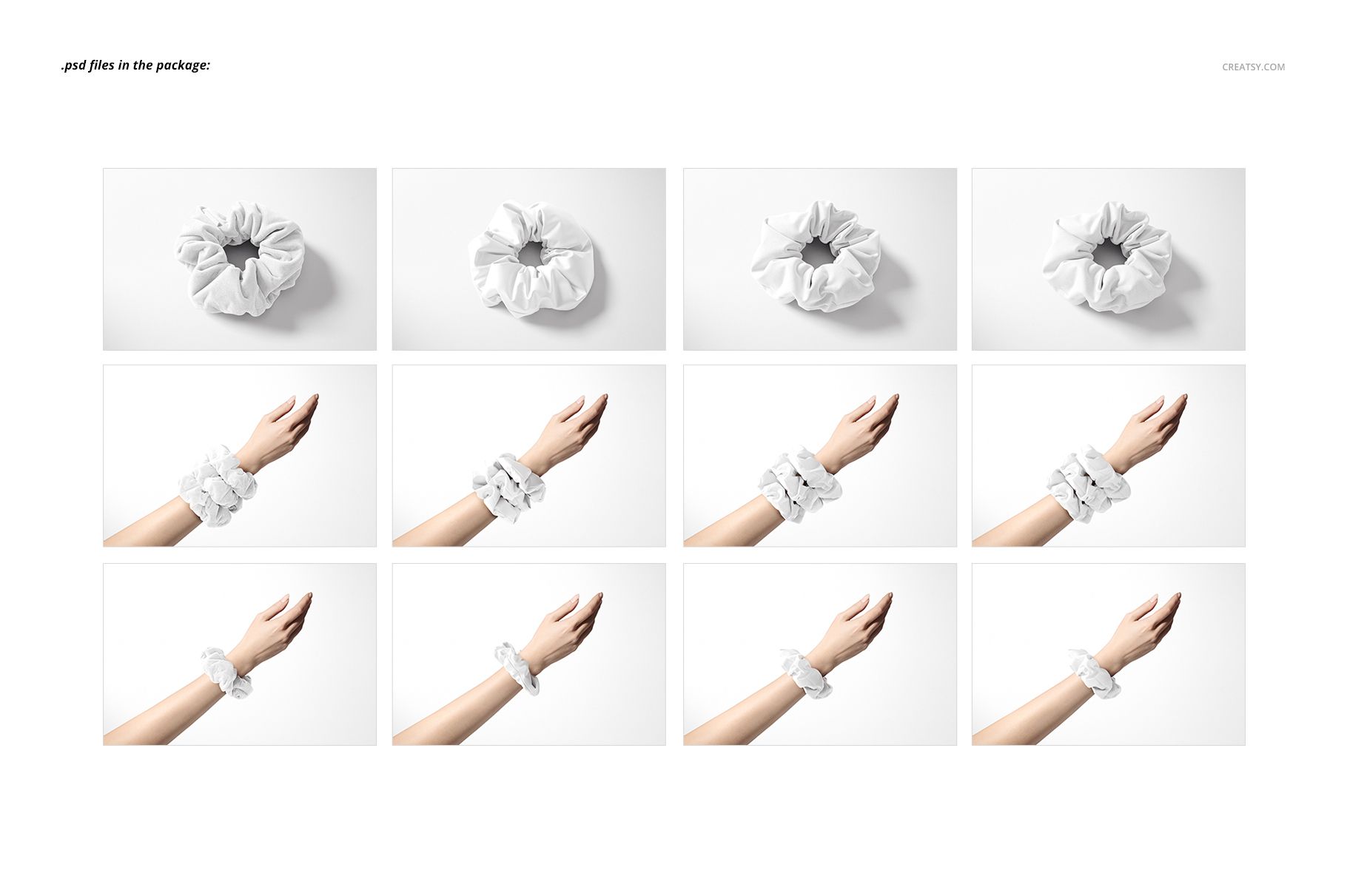Hair scrunchie mockup set featuring white fabric scrunchies displayed flat and worn on a wrist, top and side views.