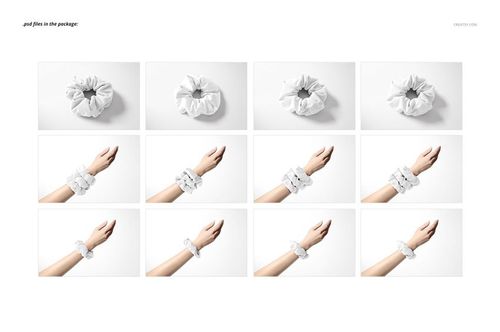 Hair scrunchie mockup set featuring white fabric scrunchies displayed flat and worn on a wrist, top and side views.