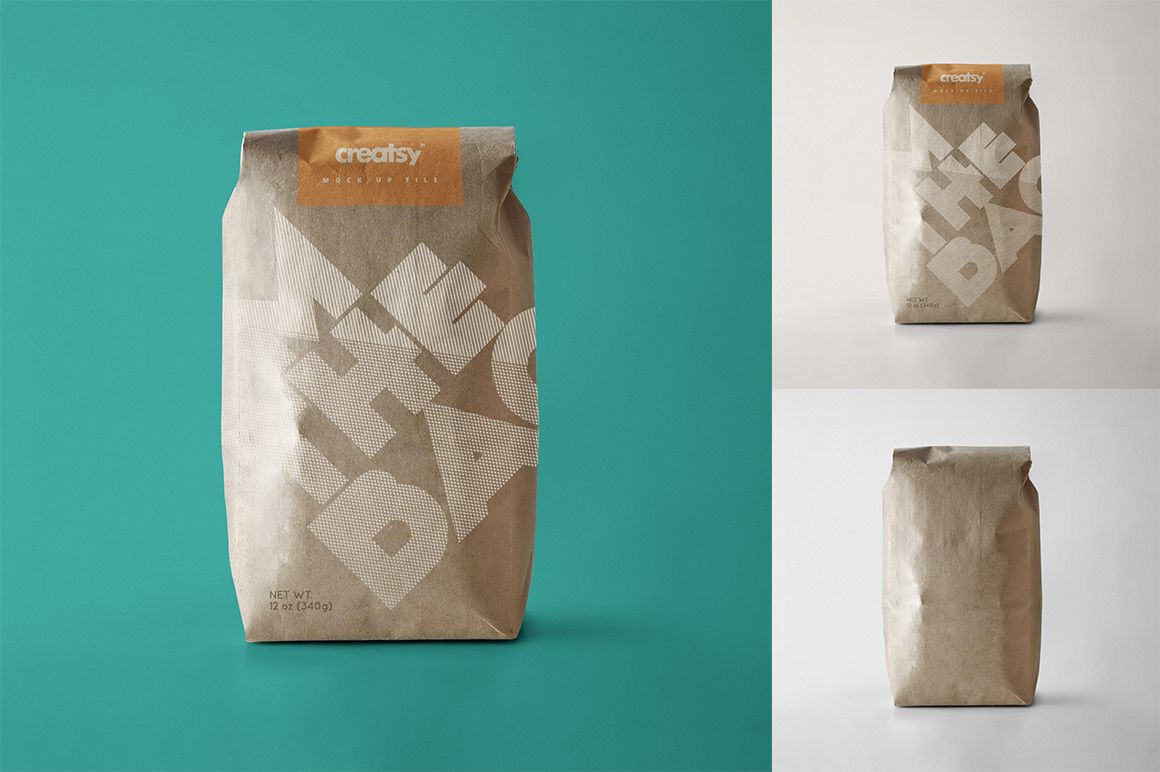 Front view of a brown paper bag with bold white text design, shown on a teal background, used for packaging mockup.