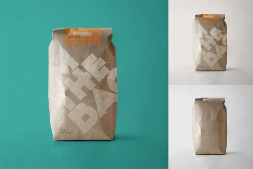 Front view of a brown paper bag with bold white text design, shown on a teal background, used for packaging mockup.