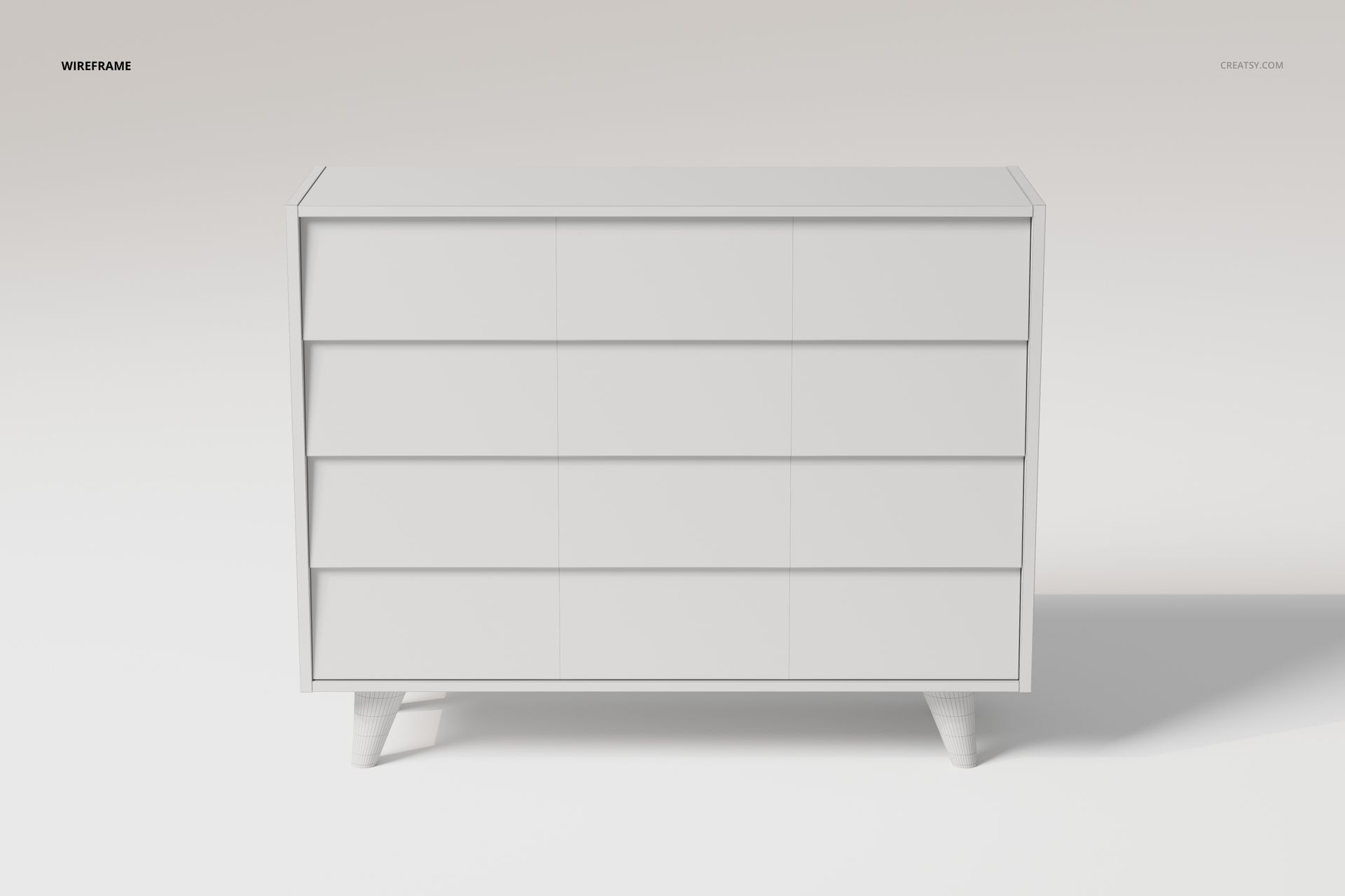 Front view of a mid-century modern dresser 3D model in white, featuring clean lines and four drawers on angled legs.