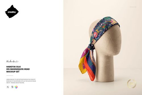 PSD mockup showing a habotai silk scarf tied around a mannequin head, with a mix of bright and dark patterned sections.
