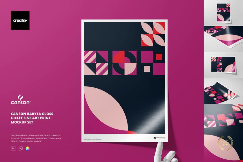 Geometric art print with vibrant pink and cream shapes on dark paper, displayed upright against a magenta background in a mockup.