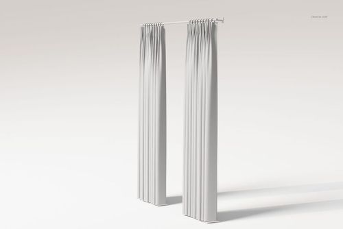 Front view of two tall French pleat curtains in solid white fabric, displayed on a minimal light background.
