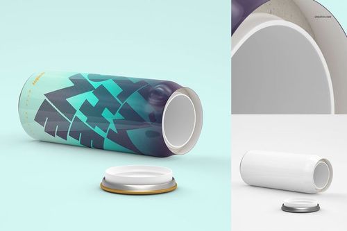 Tall can mockup set featuring a cylindrical drinkware can with geometric teal and purple pattern, shown on a light background.