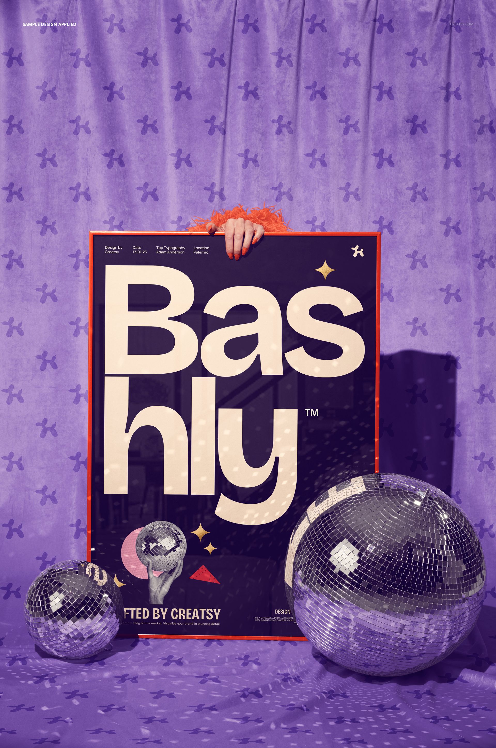 Front view of a poster picture frame mockup held by a hand, with disco balls on a purple patterned background.
