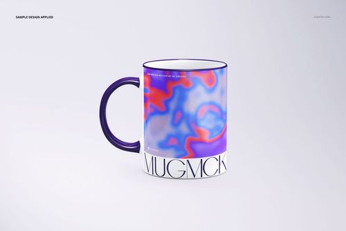 Front-facing sublimation mug mockup featuring a colorful blurred design in blue, purple, and red tones on a white surface.