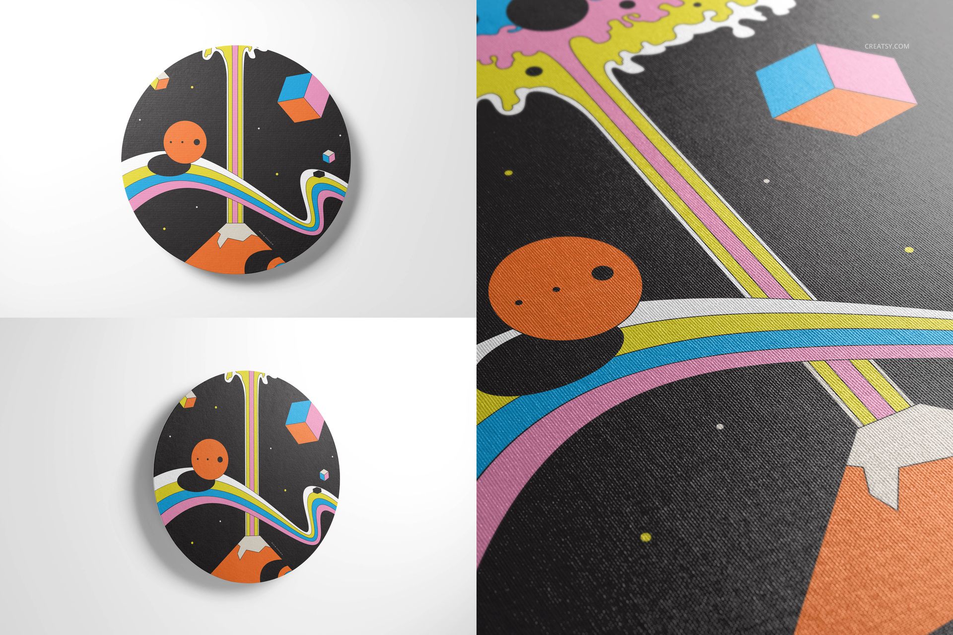 Round canvas wall art mockup with colorful geometric and abstract design, shown in front and close-up views.