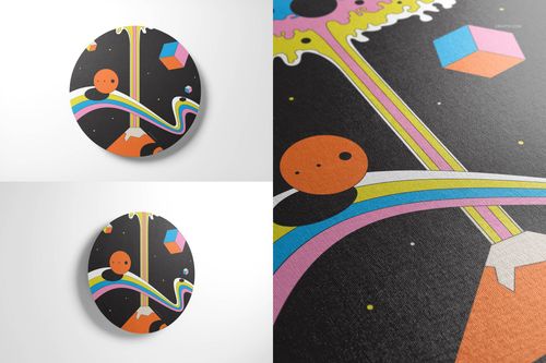 Round canvas wall art mockup with colorful geometric and abstract design, shown in front and close-up views.