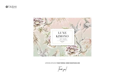 Rectangular polyester cushion cover with pastel floral and crane pattern, shown in a front view mockup on a white background.