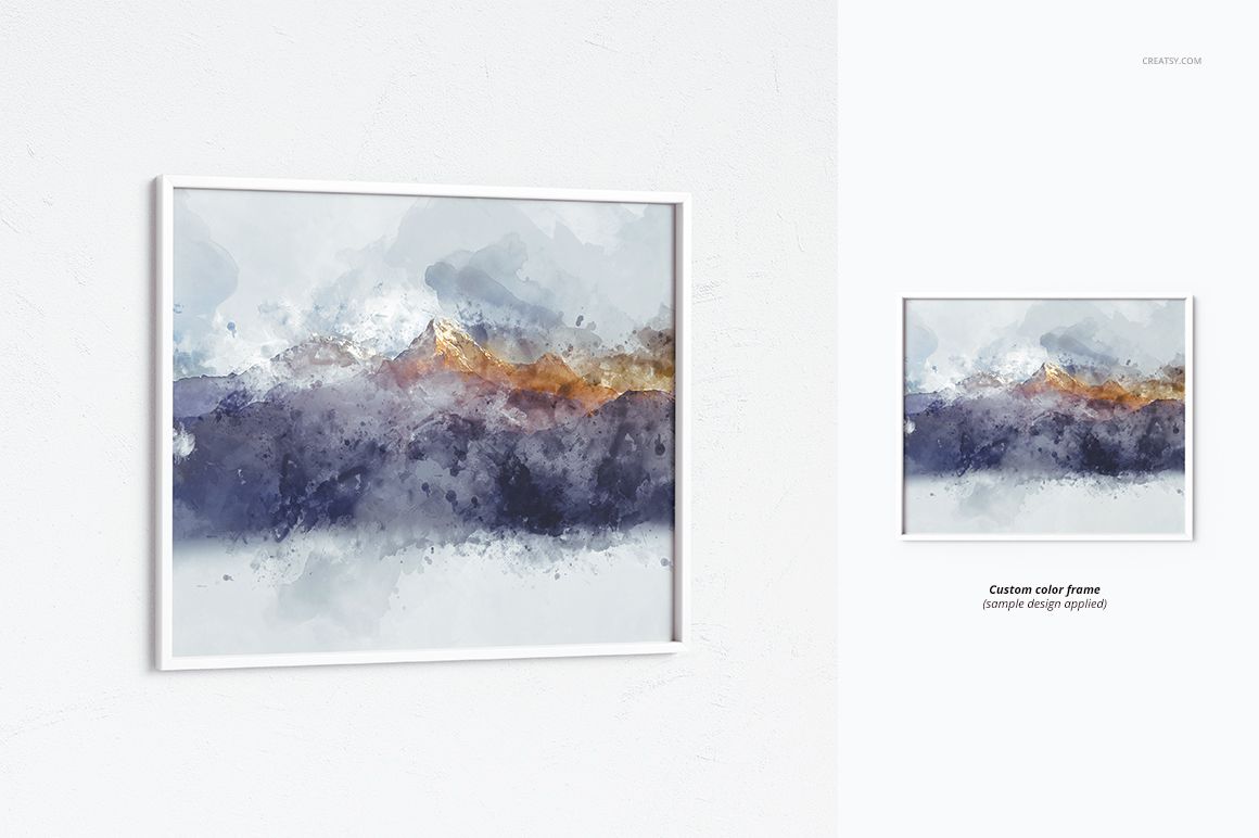 Thin white rectangular picture frame mockup with abstract watercolor artwork, shown from a front angle on a light wall.