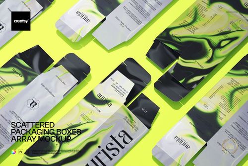 PSD mockup of various unfolded packaging boxes with vibrant green and black patterns on a neon yellow backdrop, overhead view.