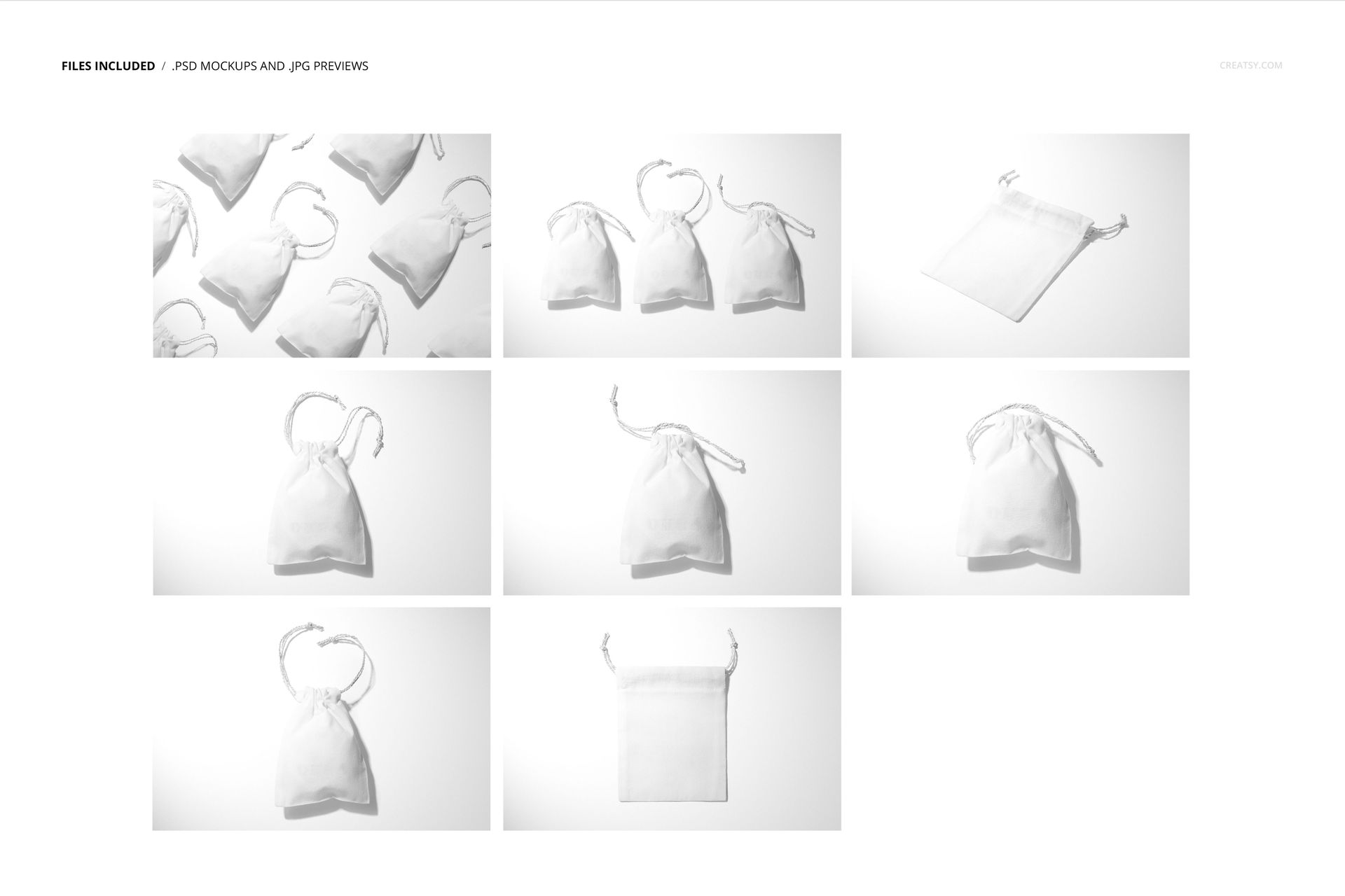 Linen drawstring pouch mockup set featuring multiple white fabric bags shown from various angles on a plain background.