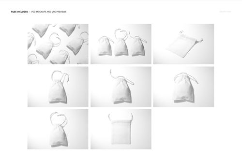 Linen drawstring pouch mockup set featuring multiple white fabric bags shown from various angles on a plain background.