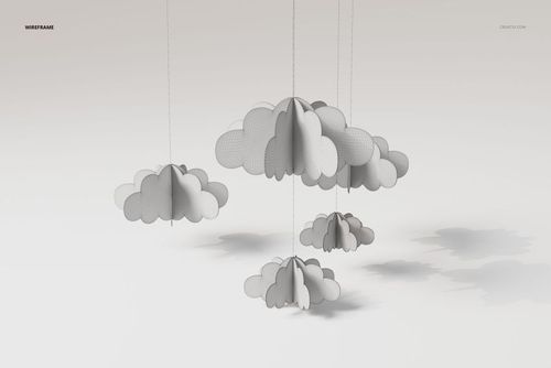 Front view of a baby mobile featuring layered 3D clouds in white and light gray, suspended by thin strings against a plain background.