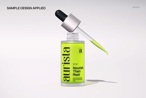 PSD mockup featuring a dropper positioned on top of an open beauty bottle, neon yellow color, front perspective.