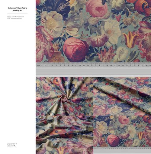 Fabric mockup featuring a vibrant botanical pattern with roses and tulips, displayed both flat and gathered with a ruler.