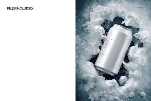 Metal beverage can mockup placed in a jagged ice hole on a frozen lake, with icy textures and cool tones.