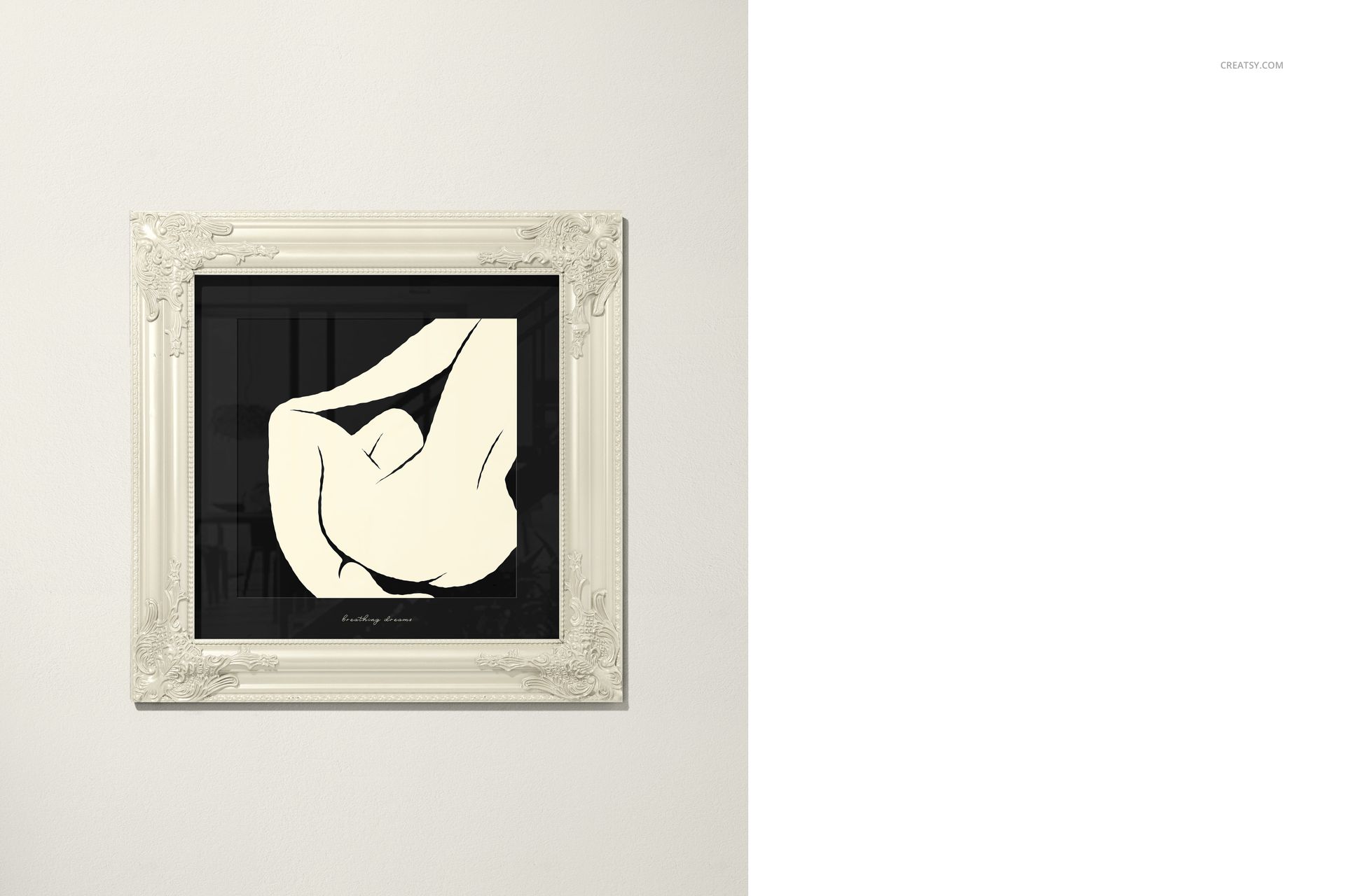 Classic painted picture frame mockup with ornate white frame holding minimalist black and cream artwork, front view.