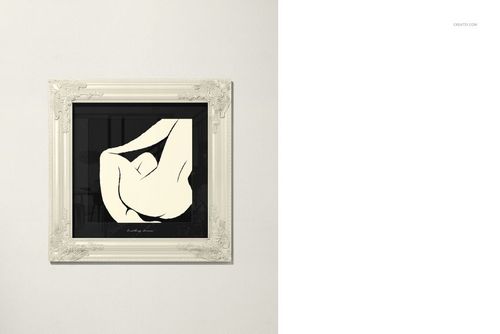 Classic painted picture frame mockup with ornate white frame holding minimalist black and cream artwork, front view.
