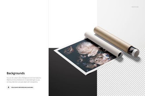 Rolled canvas print mockup featuring a floral artwork, displayed on a white and black split background with a kraft tube.