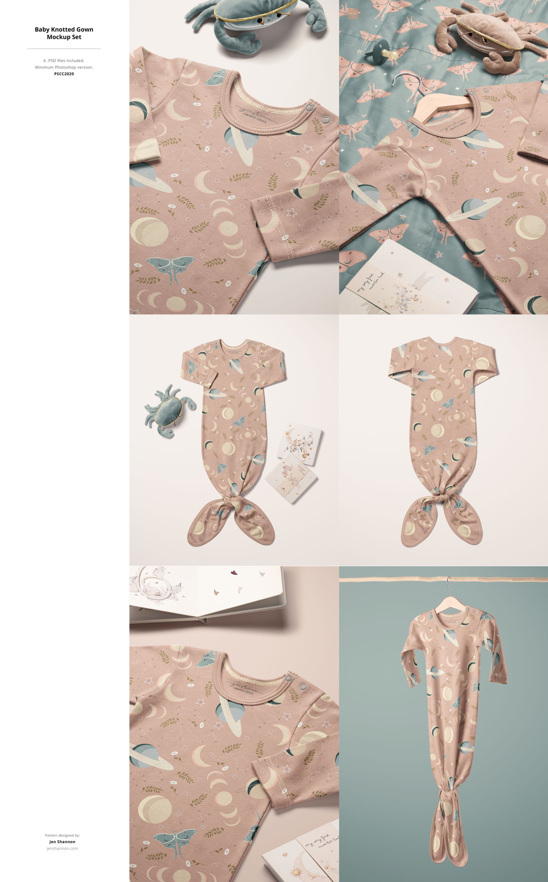 Front view of a baby gown mockup with pastel pink fabric, moon and dragonfly pattern, surrounded by props and cards.