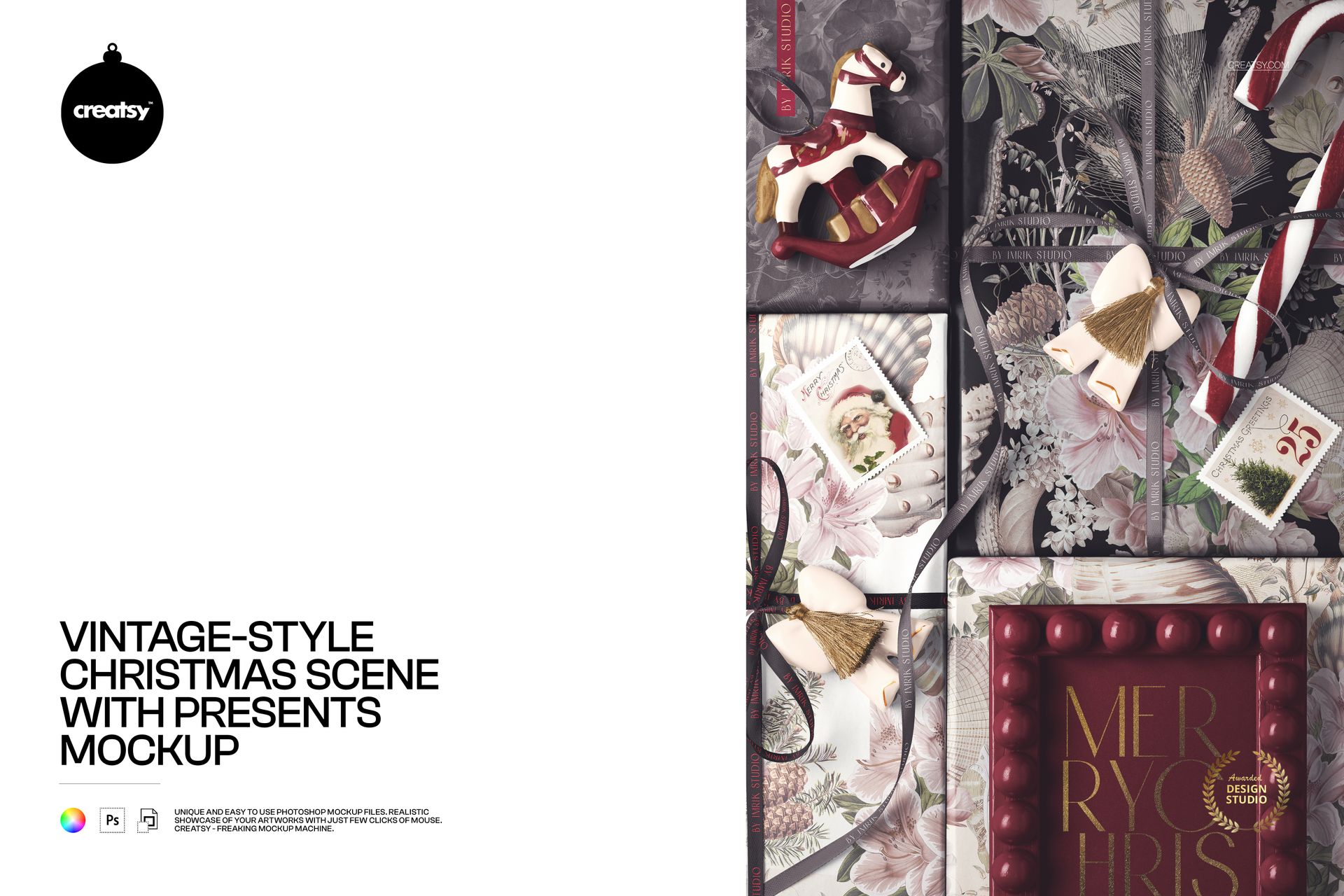 Christmas PSD mockup featuring wrapped gifts, decorative pinecones, and holiday ornaments in a vintage style, overhead.