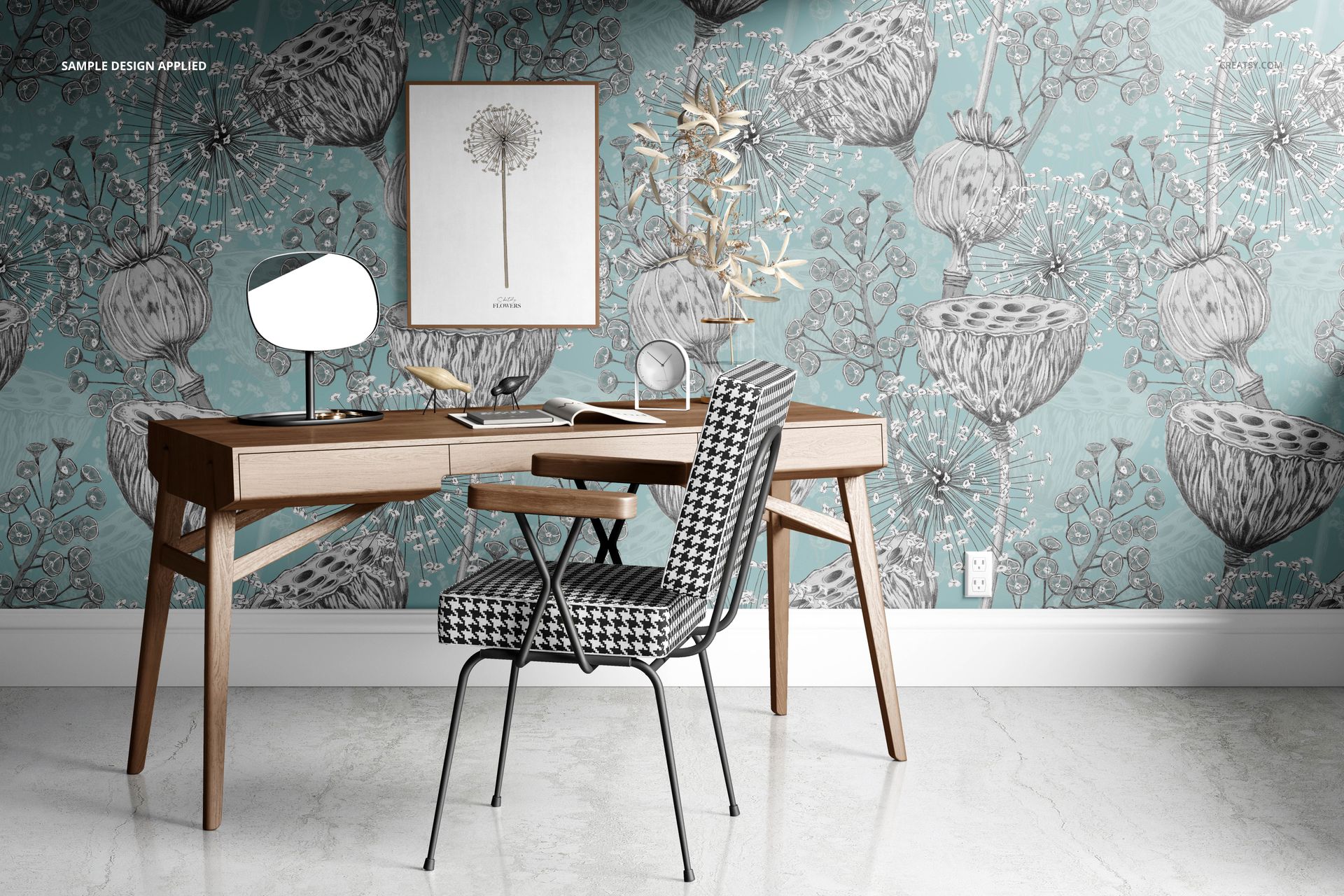 Interior scene mockup showing a contemporary desk, chair, and decorative wall with large floral illustrations.