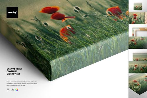 Detailed mockup of a canvas print with a floral design, highlighting the cotton texture and gallery wrap edge.
