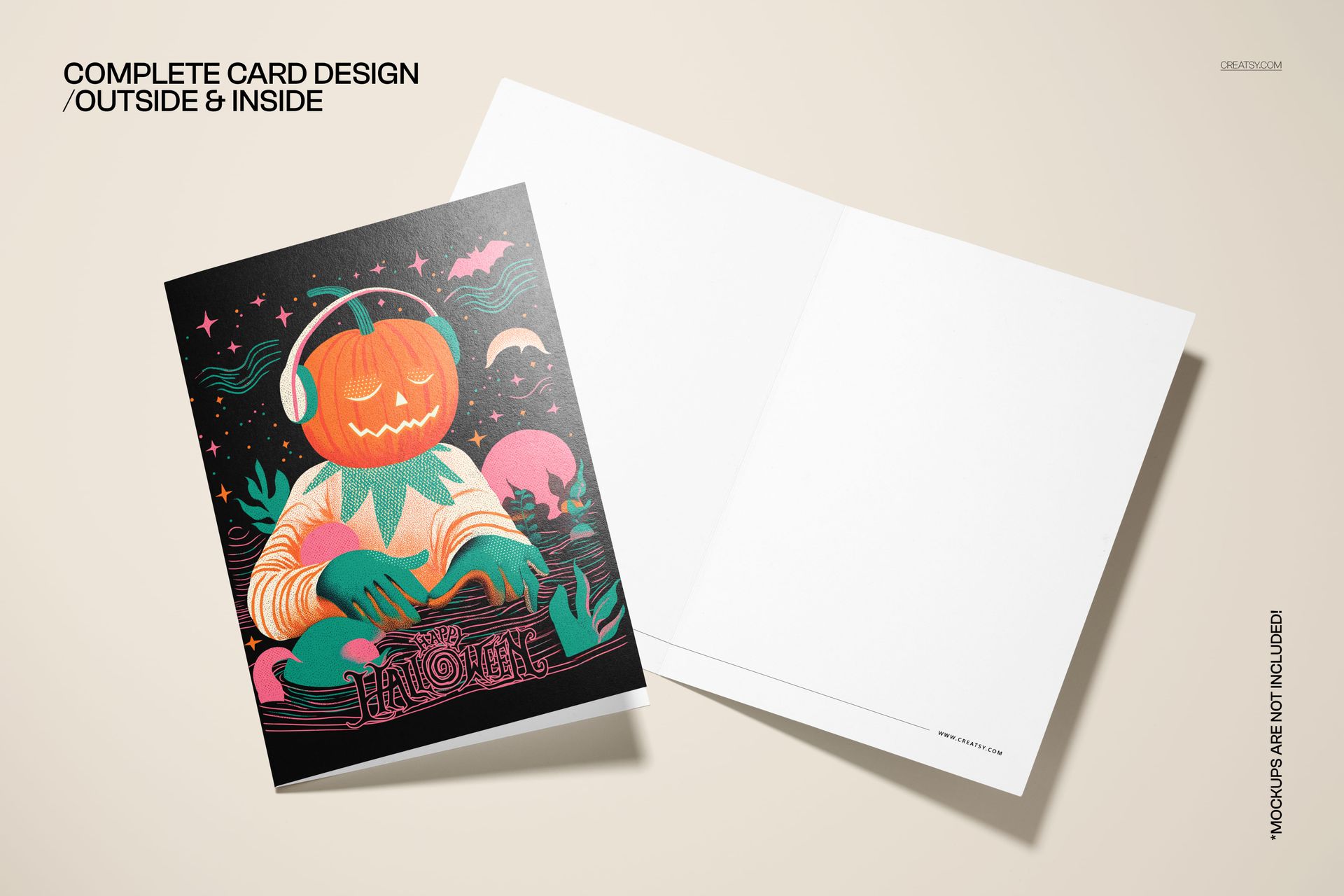 Halloween card mockup showing a pumpkin DJ illustration on the cover with bold colors, displayed open to reveal empty inside panels.