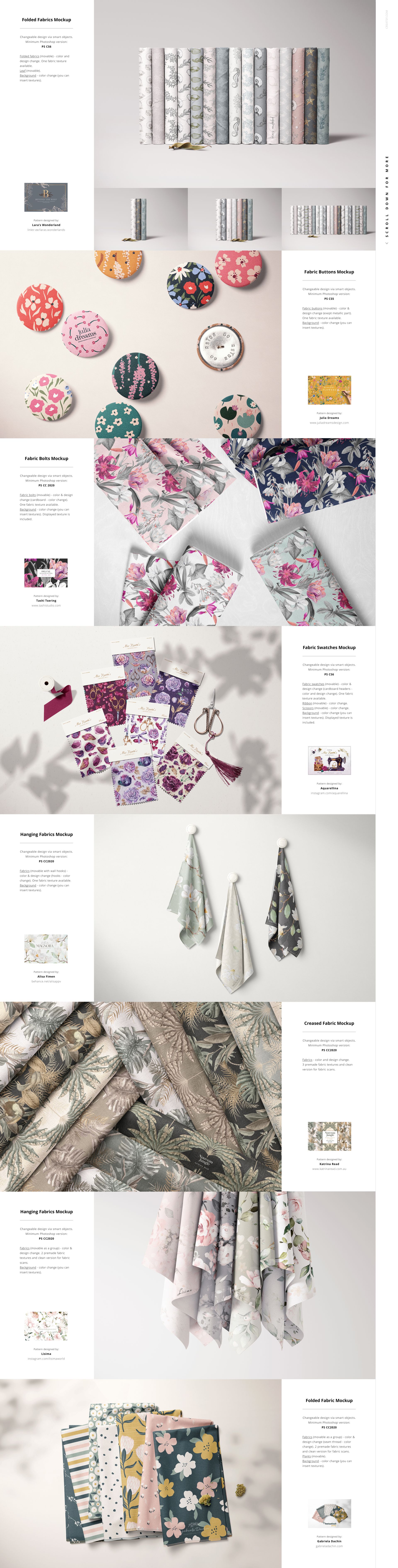 Assorted fabrics with colorful designs shown as folded stacks, hanging swatches, and rolled bolts in a mockup scene.