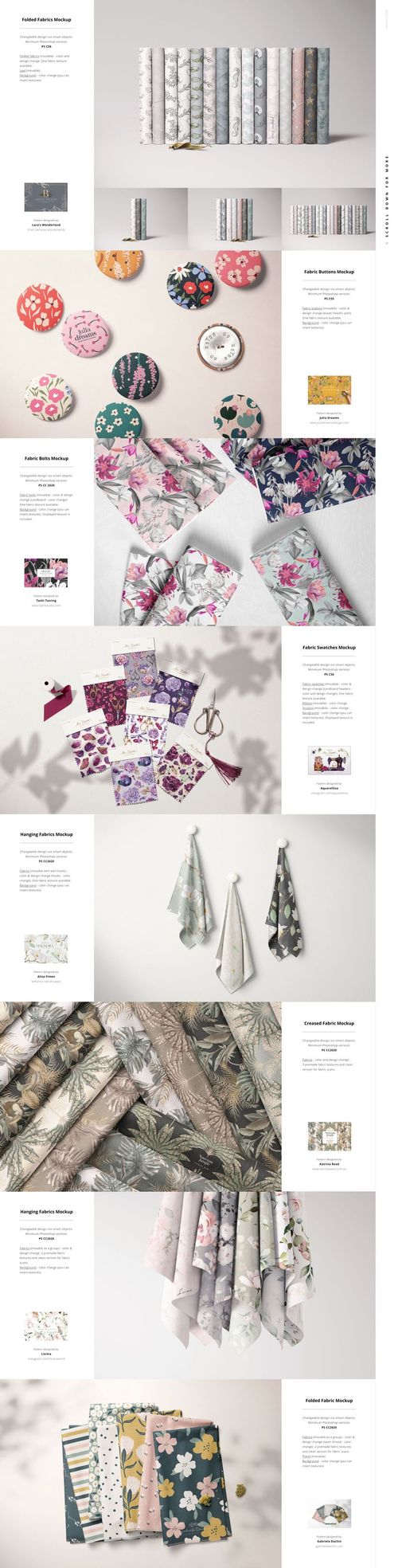 Assorted fabrics with colorful designs shown as folded stacks, hanging swatches, and rolled bolts in a mockup scene.
