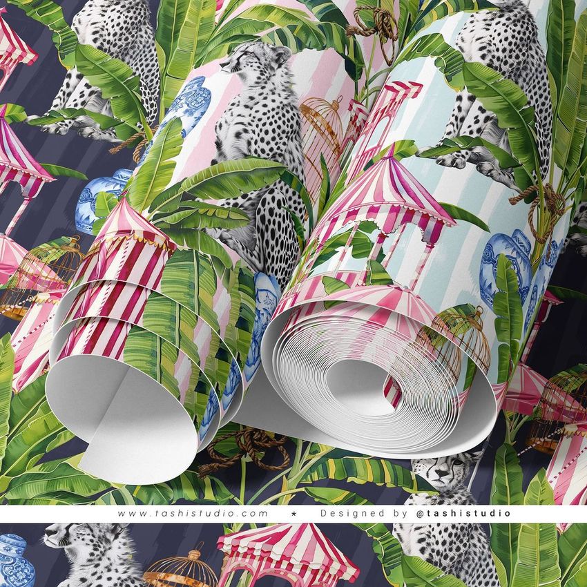 Paper wallpaper mockup showing rolled sheets with colorful tropical patterns, including leaves, cheetahs, and striped tents.