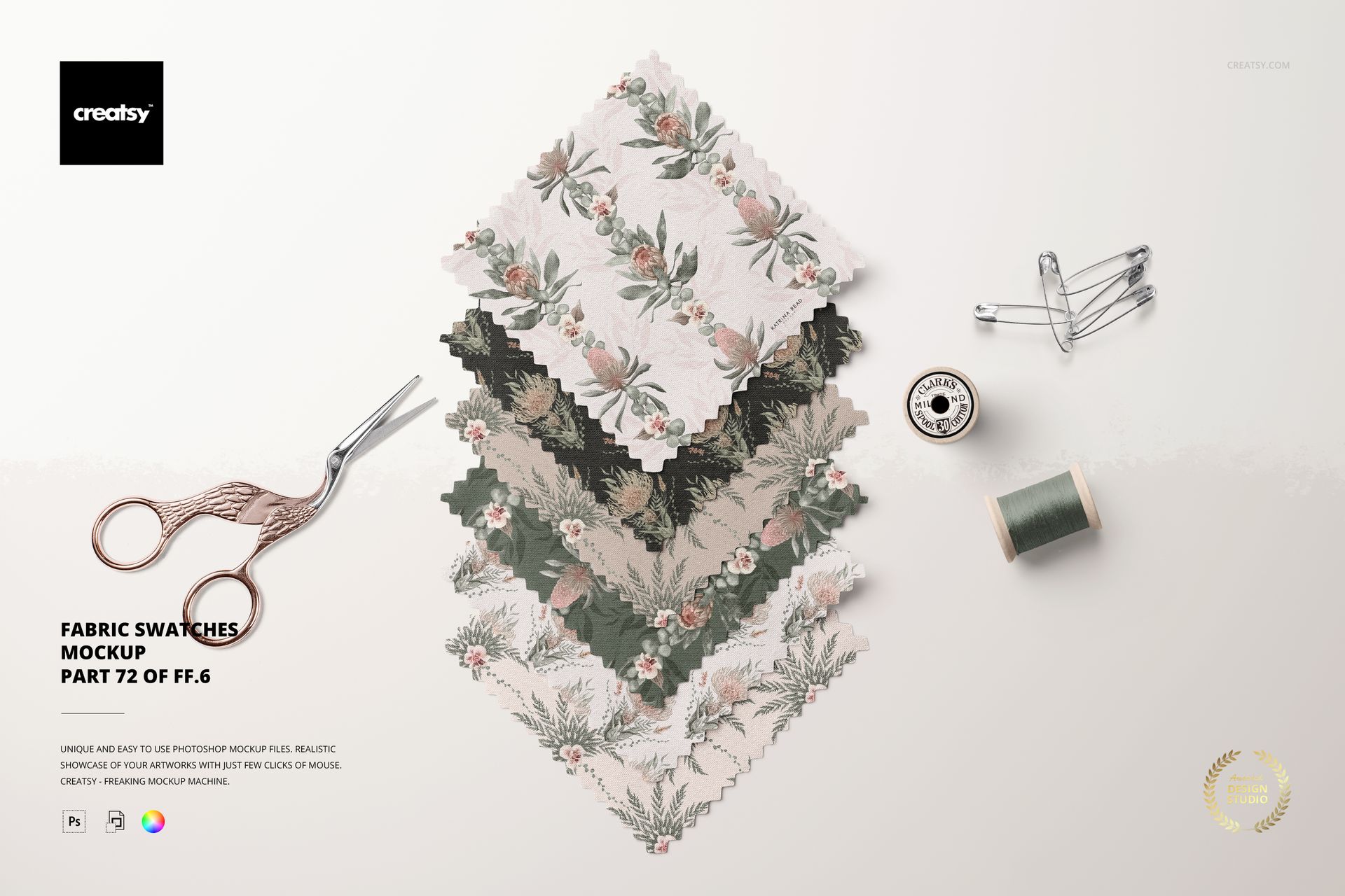 PSD mockup displaying multiple floral fabric swatches in neutral tones, surrounded by sewing tools on a pale background.