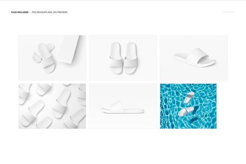 White slide sandals displayed in six different mockup perspectives, including poolside and top views.