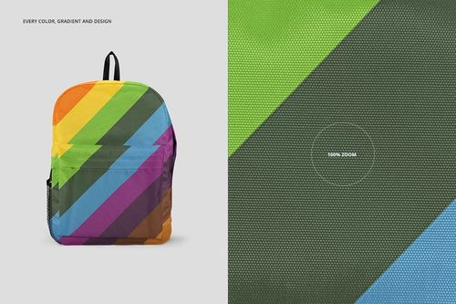 Colorful striped backpack mockup displayed from the front, paired with a zoomed-in section highlighting fabric texture.