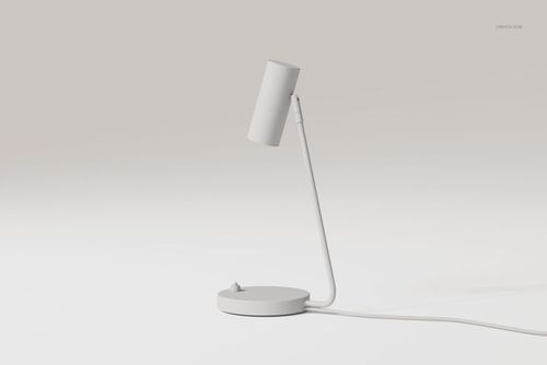 Modern industrial desk lamp in matte white, featuring a cylindrical shade and round base, shown from a side view.