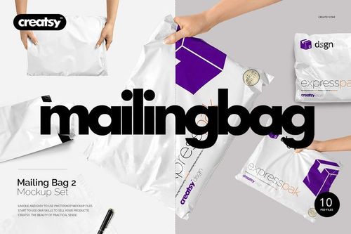 Mailing bag mockup set featuring white poly mailers with printed designs, shown from various angles and held by hands.