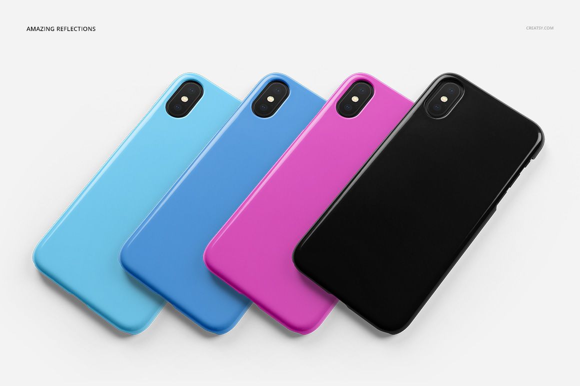 Diagonal lineup of iPhone X plastic case mockups in solid blue, light blue, pink, and black on a white background.