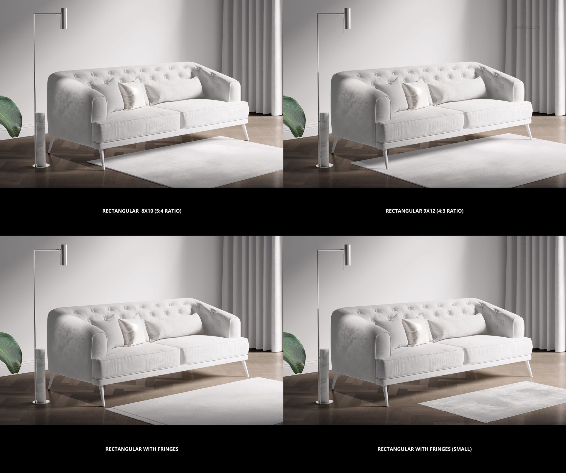 Mockup of a retro living room featuring a light sofa, standing lamp, and four different rug styles on a neutral floor.