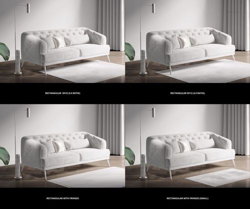 Mockup of a retro living room featuring a light sofa, standing lamp, and four different rug styles on a neutral floor.