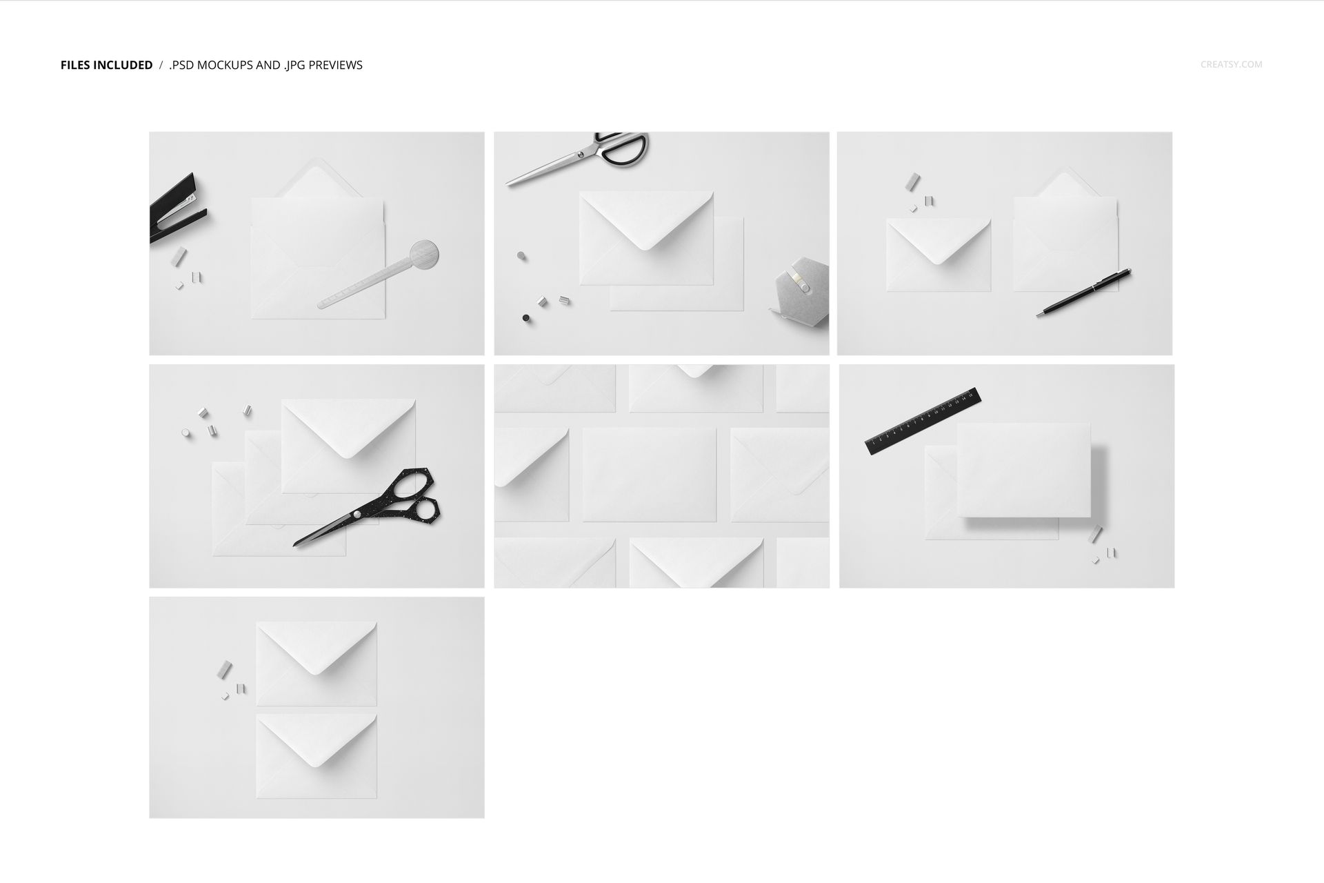 C6 envelope stationery mockup set displayed from top view, featuring white envelopes with office props on a light background.