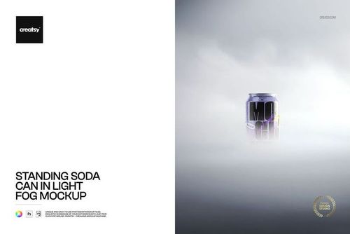 Front view of a purple and silver soda can mockup standing in misty fog, centered on a light gray background.