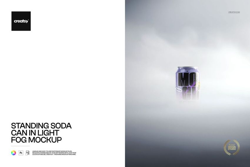 Front view of a purple and silver soda can mockup standing in misty fog, centered on a light gray background.
