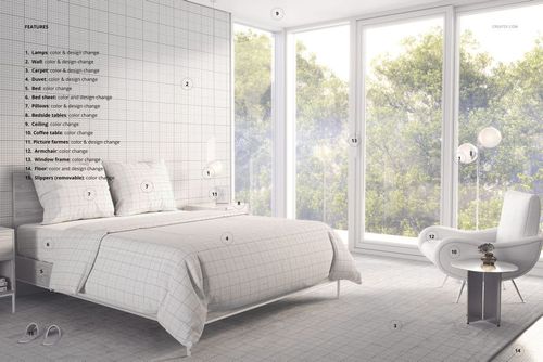 Modern bedroom with large windows, grid-patterned comforter and bedding on a bed, white walls, and a lounge chair.