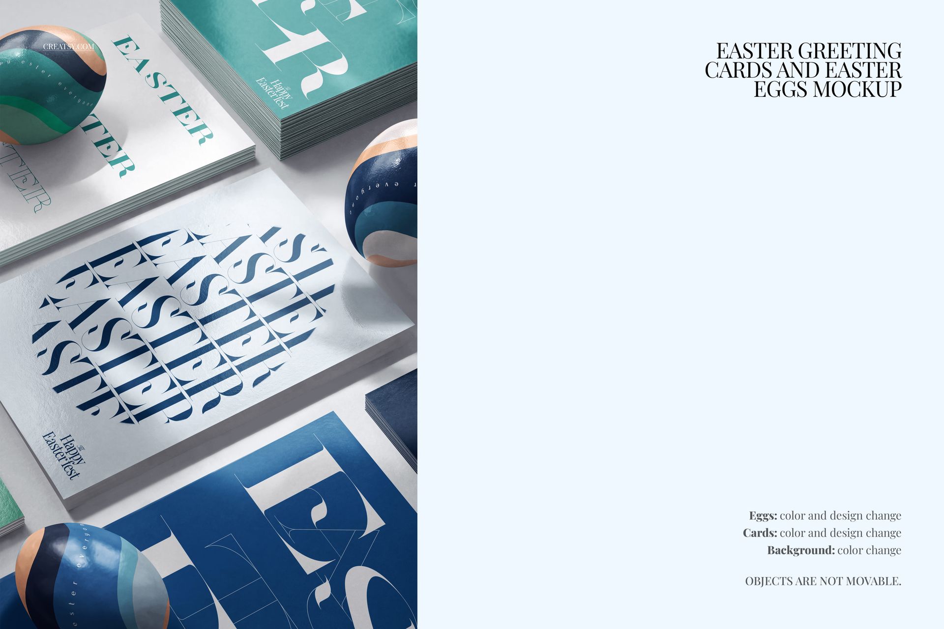 Front view of Easter greeting cards and decorated eggs mockup with blue and teal color palette on a white surface.