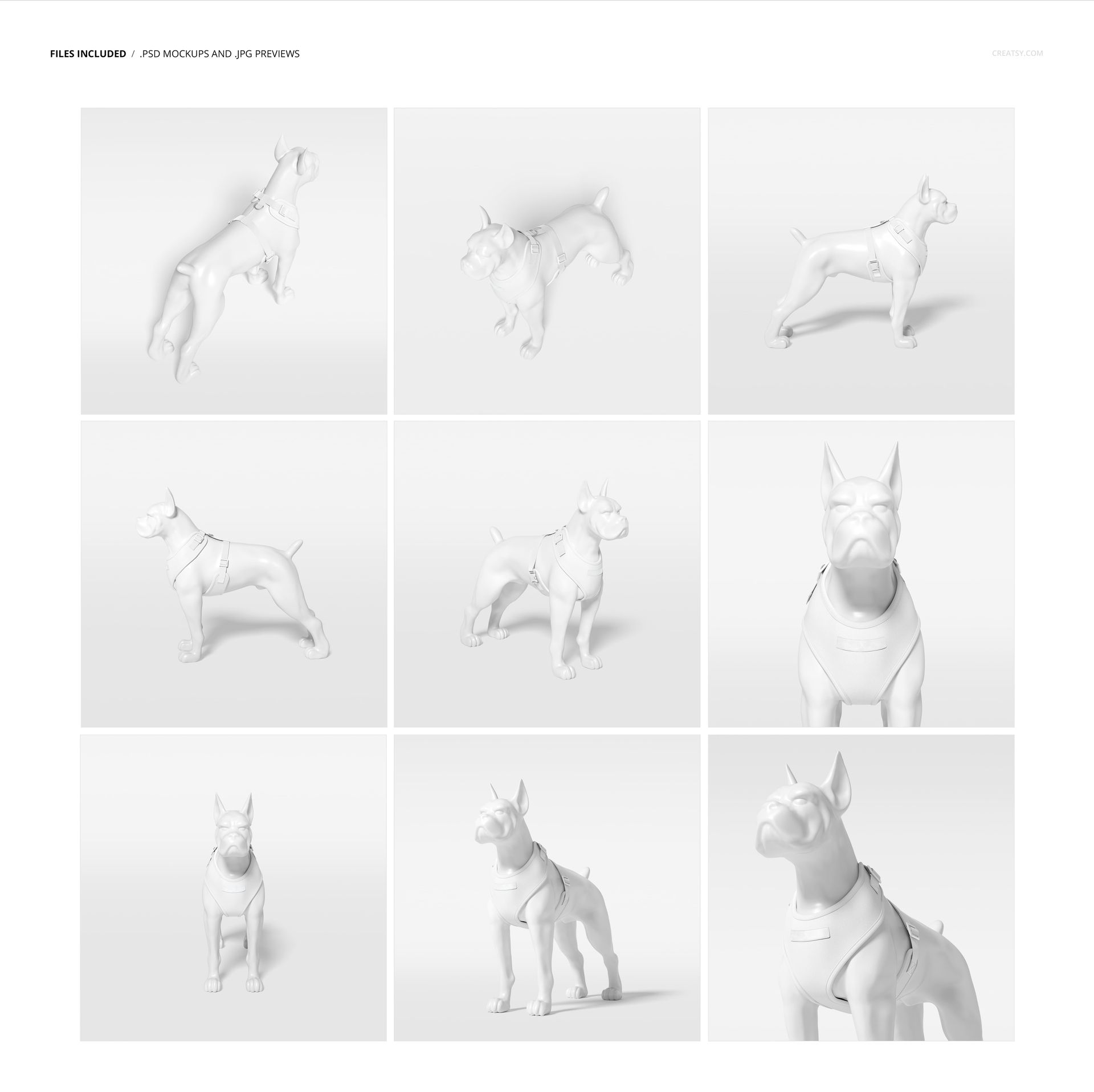 Dog harness PSD mockup set featuring a white mannequin shown from multiple perspectives on a plain background.