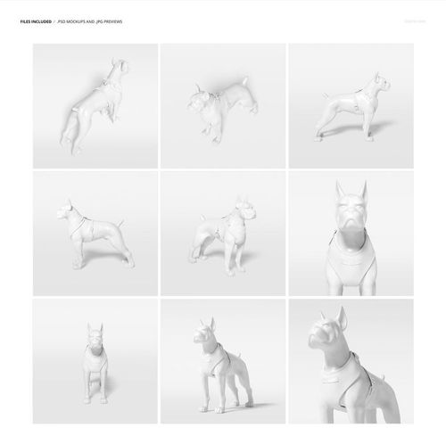 Dog harness PSD mockup set featuring a white mannequin shown from multiple perspectives on a plain background.