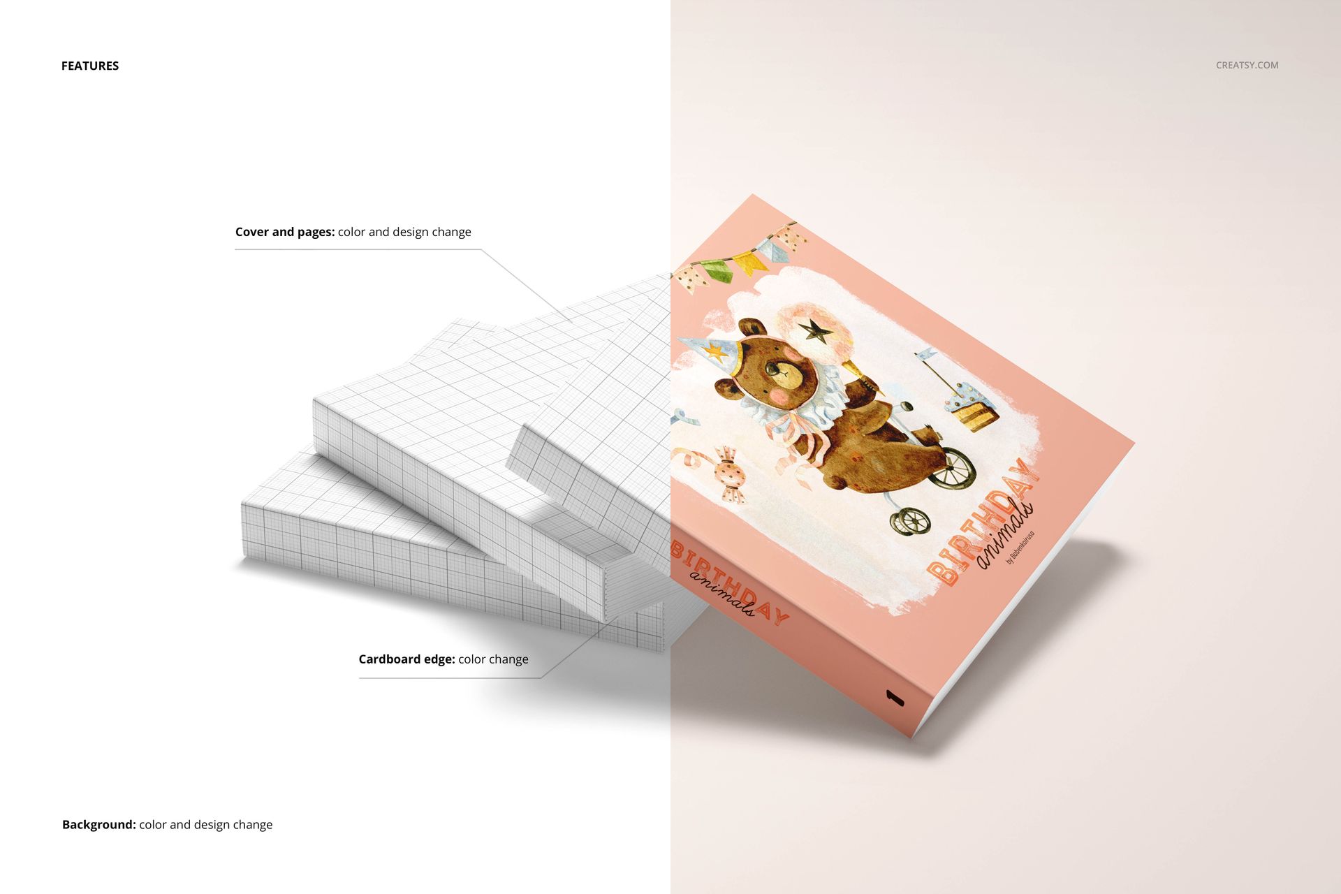 Board book mockup featuring a pink illustrated cover, shown in a perspective view with editable layers highlighted.