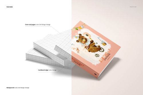 Board book mockup featuring a pink illustrated cover, shown in a perspective view with editable layers highlighted.